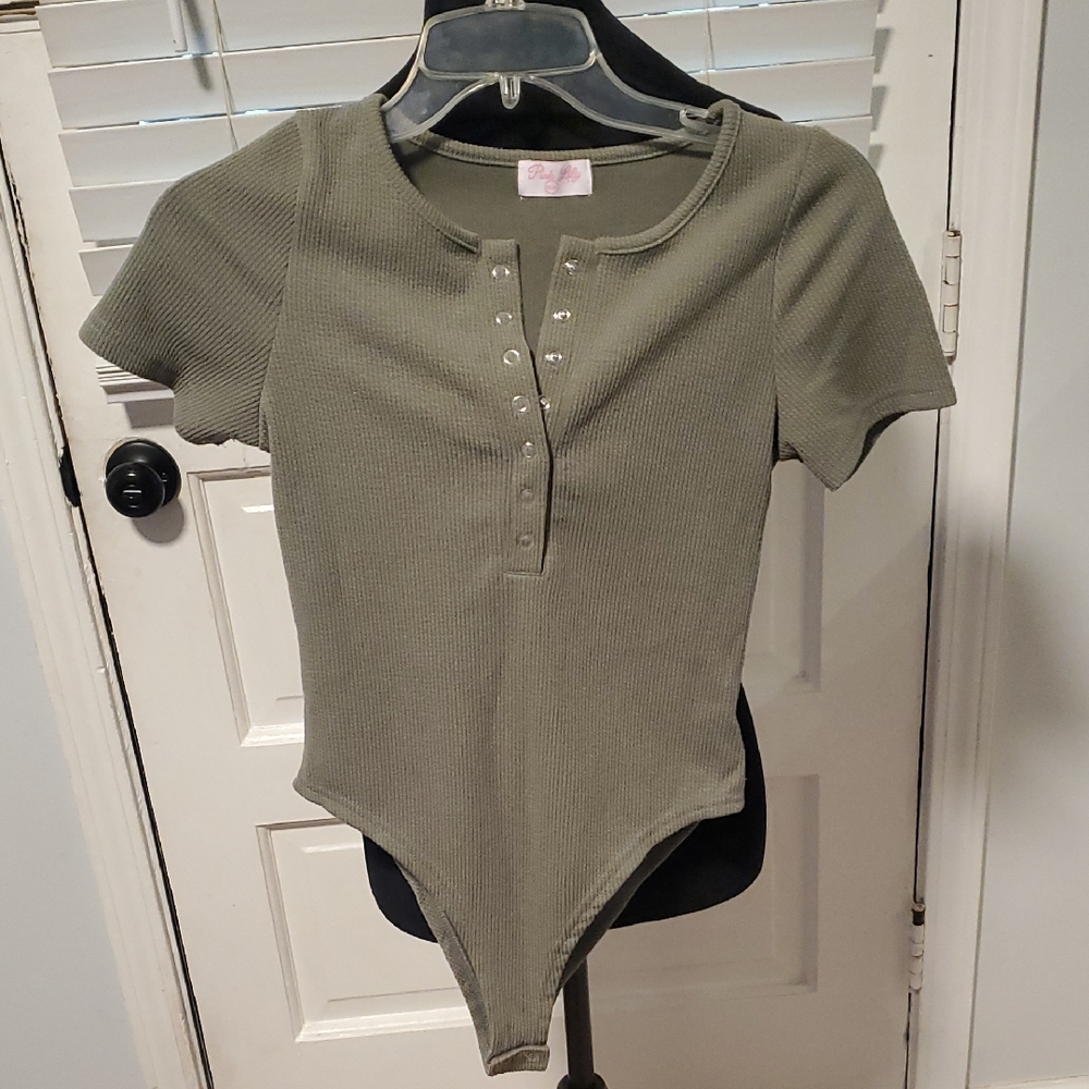Pink Lily Green Ribbed Short Sleeve Bodysuit